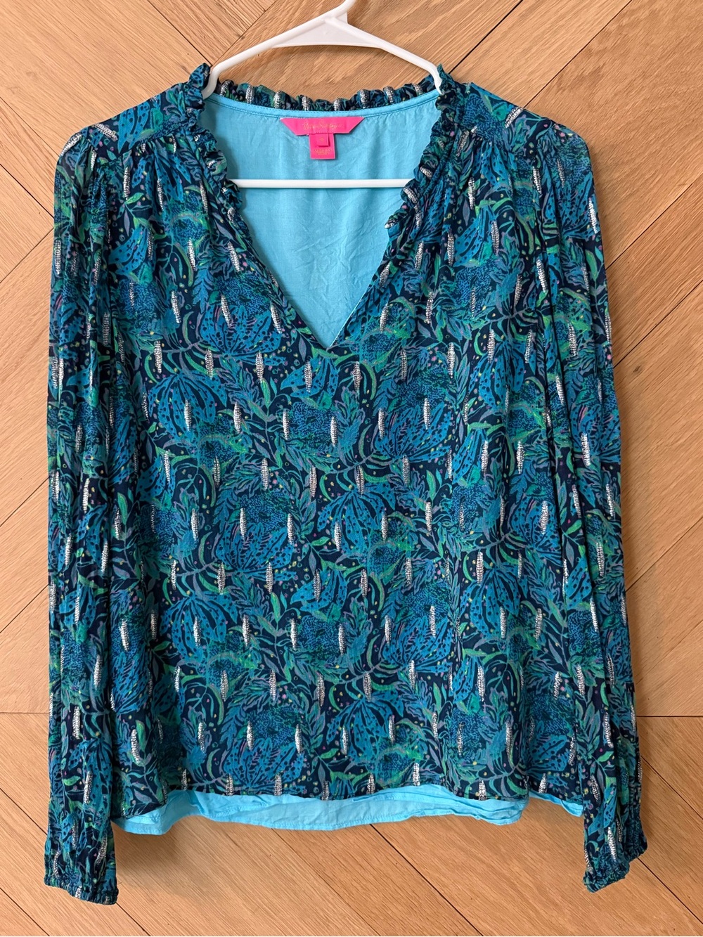 Lilly Pulitzer Teal & Navy Floral V-Neck Long Sleeve Blouse